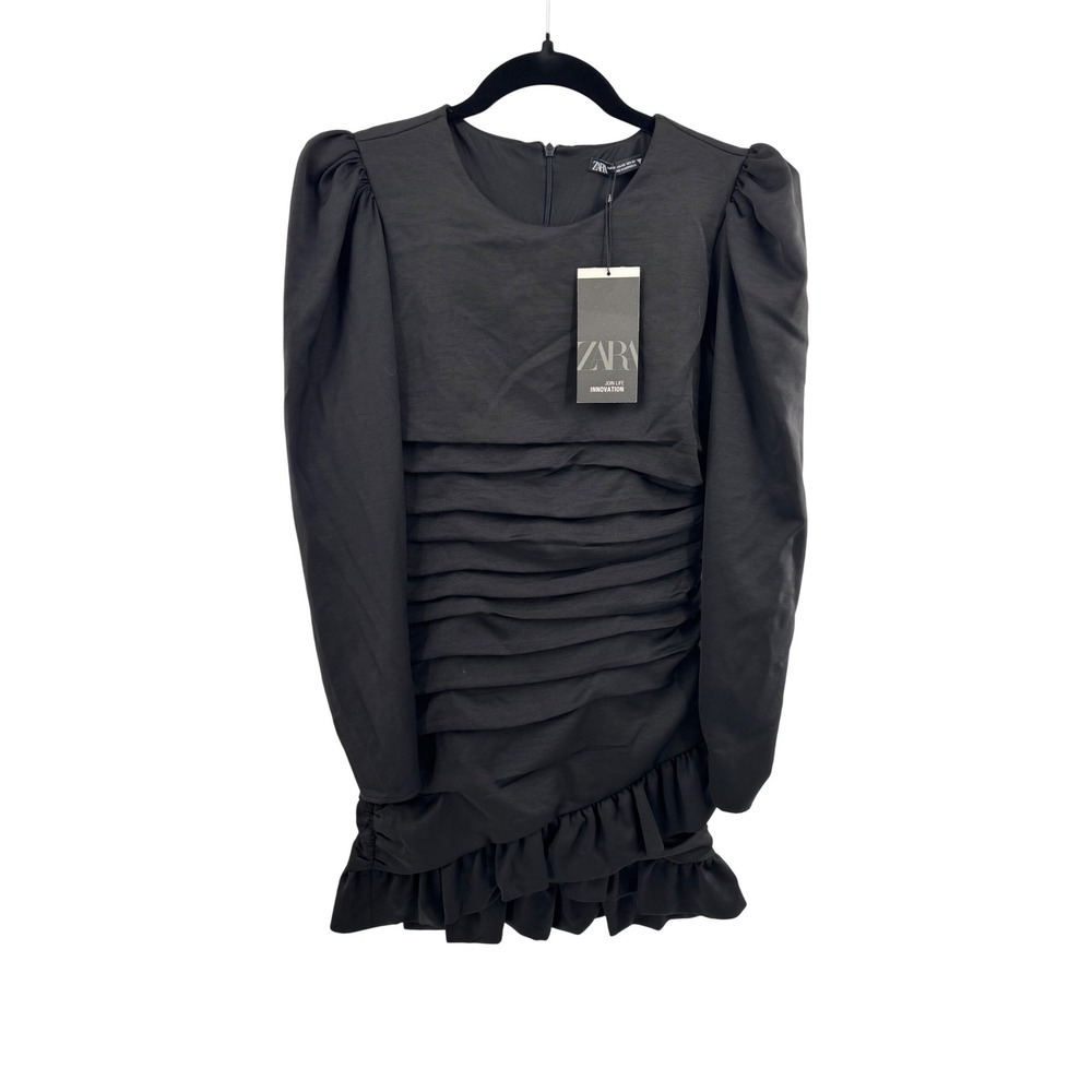 NWT ZARA Black Ruched Ruffle Puff Sleeve Mini Dress Women XS